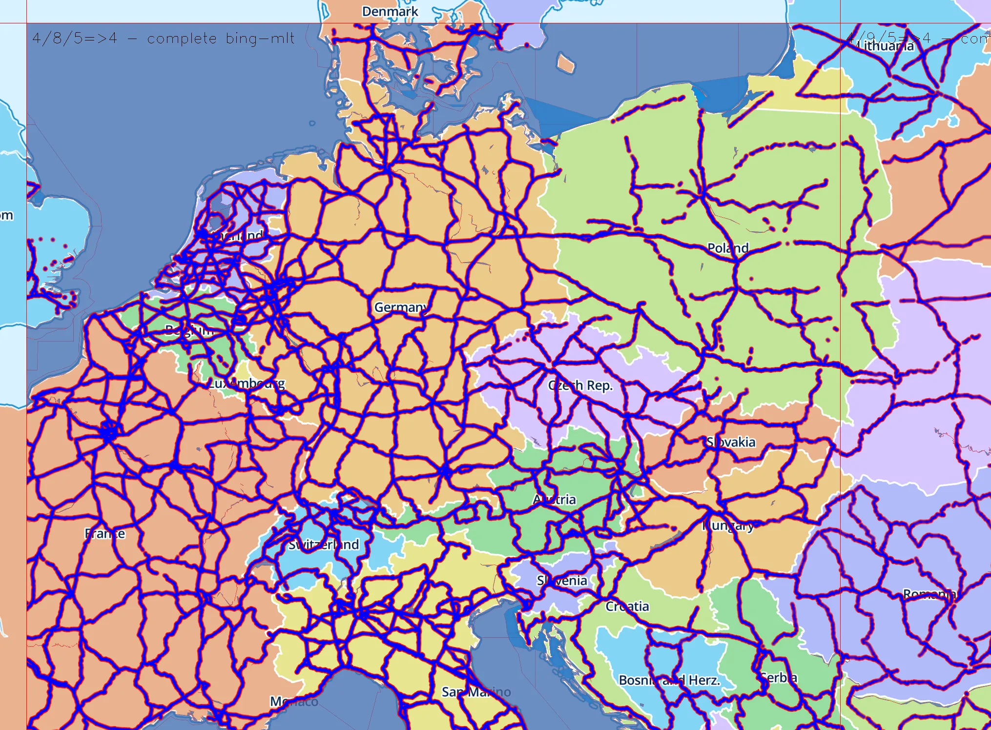 Screenshot showing the road network in Europe from some demo MLTs based on Bing Maps data.