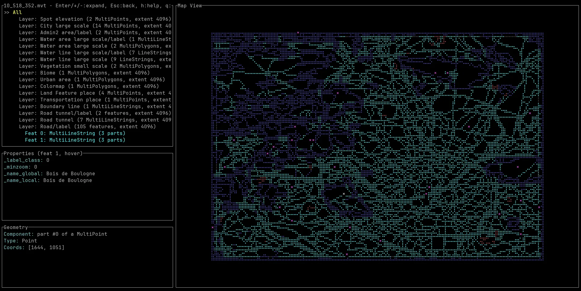 MLT Terminal UI (TUI) showing geometry inspection