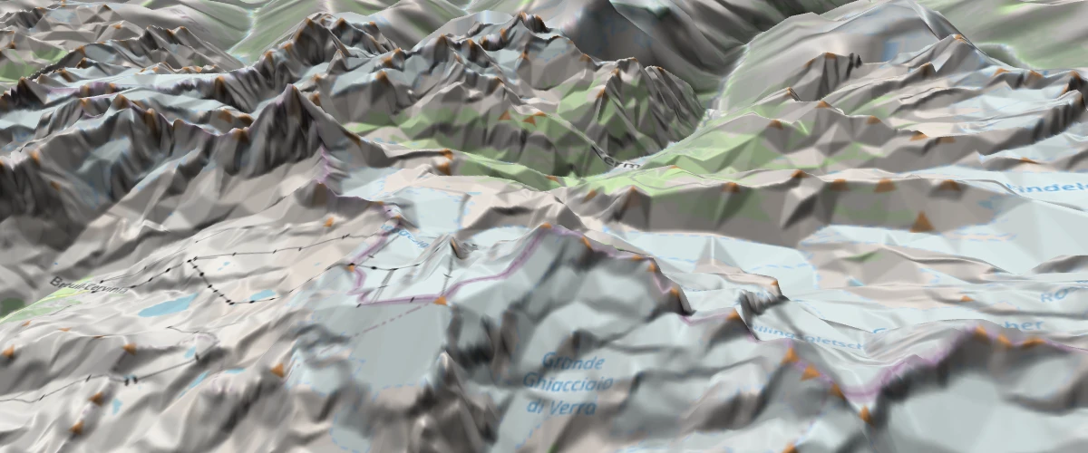 Use 3D Tiles quantized-mesh terrain as a raster-dem source via the maplibre-gl-3dtiles-terrain plugin, then drape an OpenStreetMap basemap and hillshade with map.setTerrain().