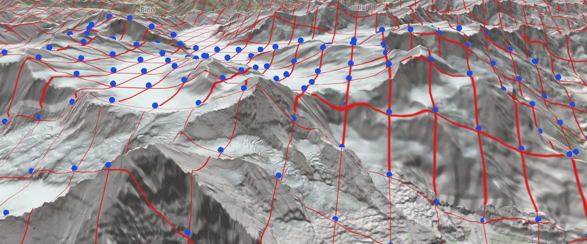 Drape a grid over the terrain with one custom layer, and stand points on the terrain with another.