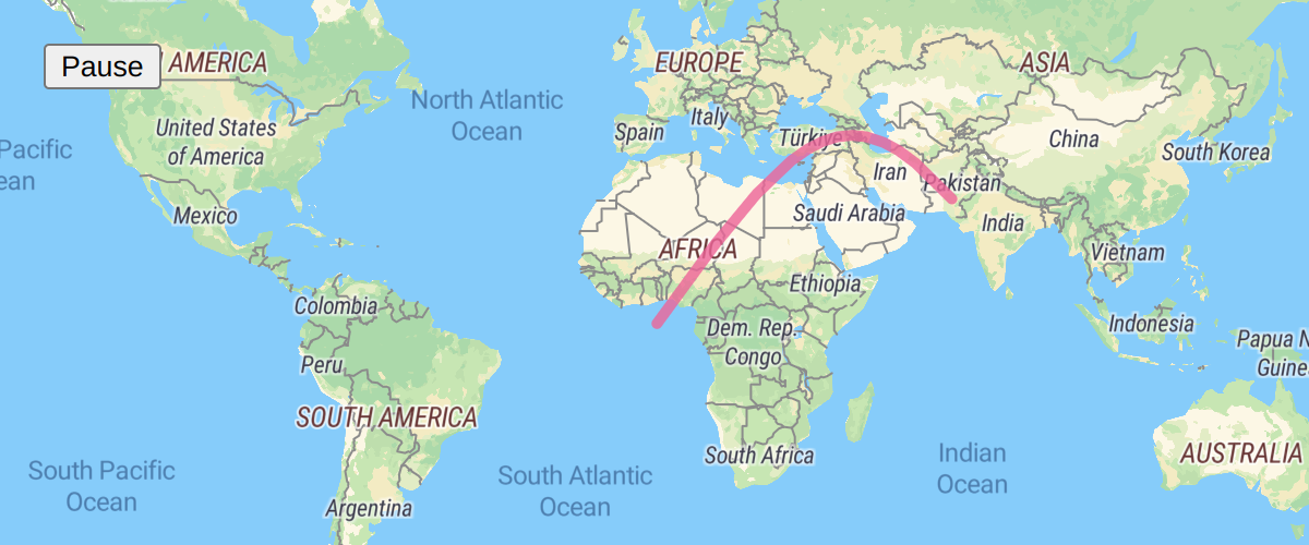 Animate a line by updating a GeoJSON source on each frame.