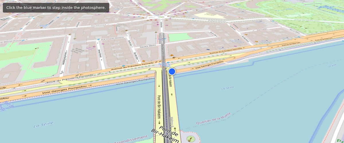 Click a marker to smoothly enter an immersive 360° photosphere at a fixed point, blended with the live map; exit to return to normal navigation.
