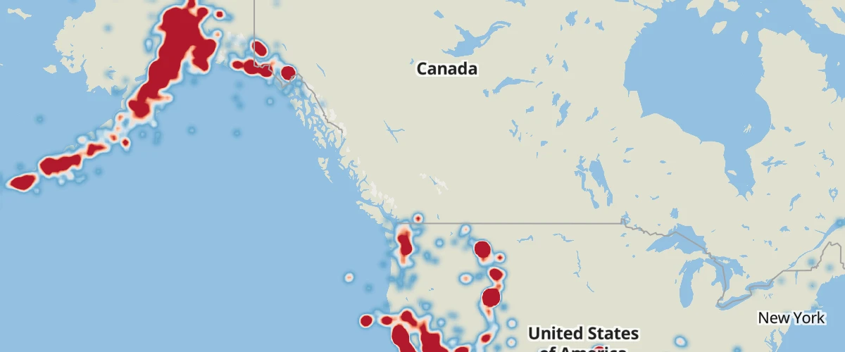 Visualize earthquake frequency by location using a heatmap layer.