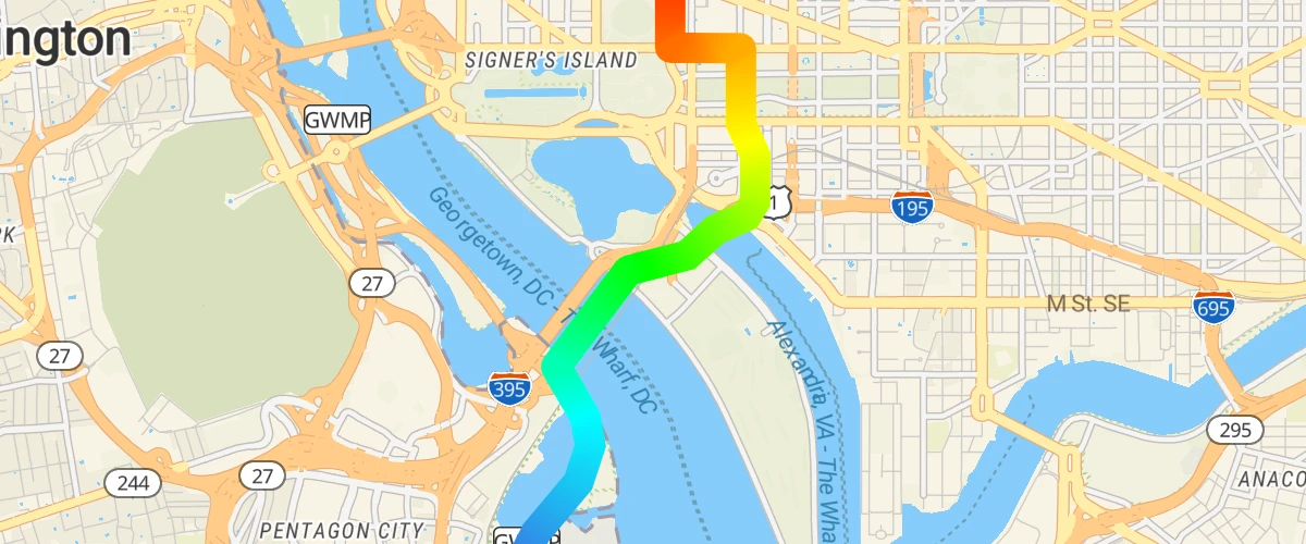 Use the line-gradient paint property and an expression to visualize distance from the starting point of a line.