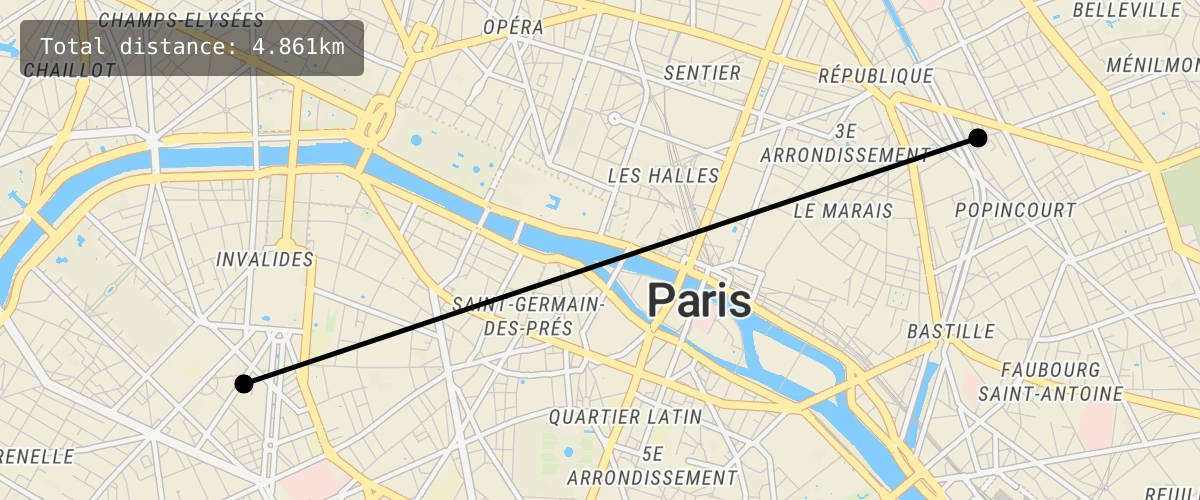 Click points on a map to create lines that measure distanced using turf.length.