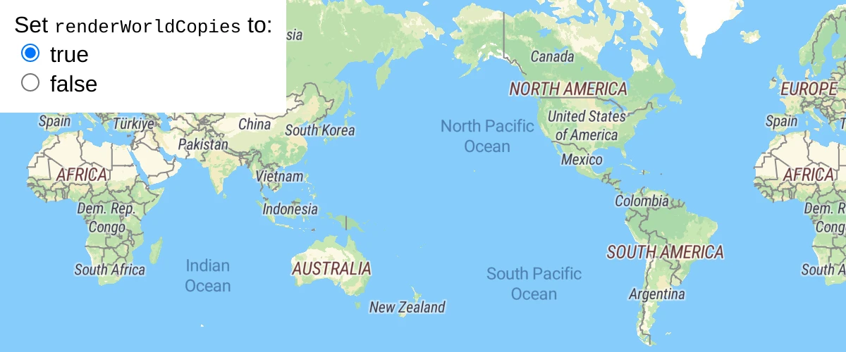 Toggle between rendering a single world and multiple copies of the world using setRenderWorldCopies.