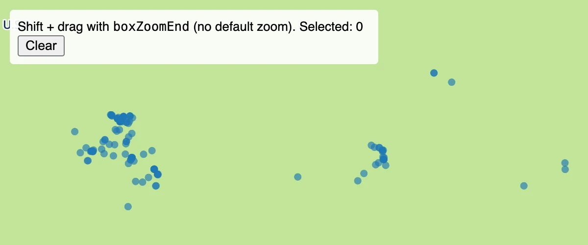 Use the boxZoomEnd callback to select features with Shift-drag instead of fitting the map to the dragged box.