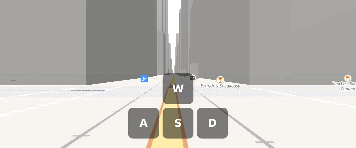 Drive an eye-height, level first-person camera over 3D buildings with the keyboard or on-screen buttons
