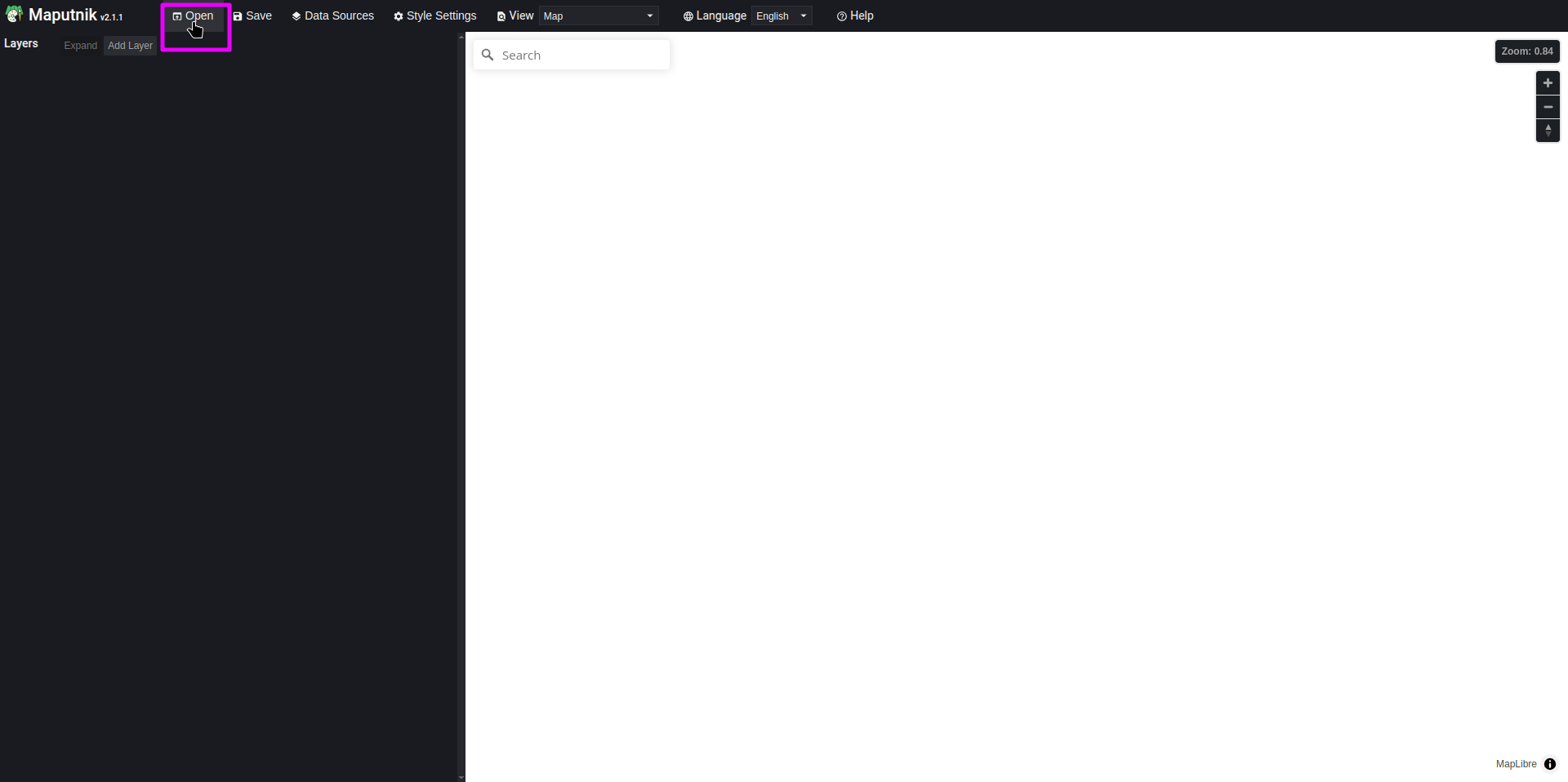 where in the UI the "Open" button can be found